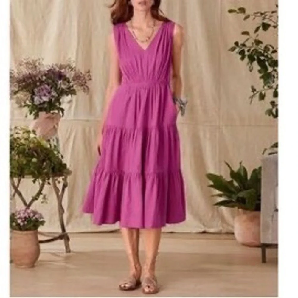 Sundance Magenta Pink Cotton Tiered V-Neck Sleeveless Midi Dress‎ Womens XS r3